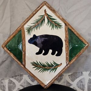 World Market Black Bear & Pine Woodsy Rustic Square Display Serving Dinner Plate